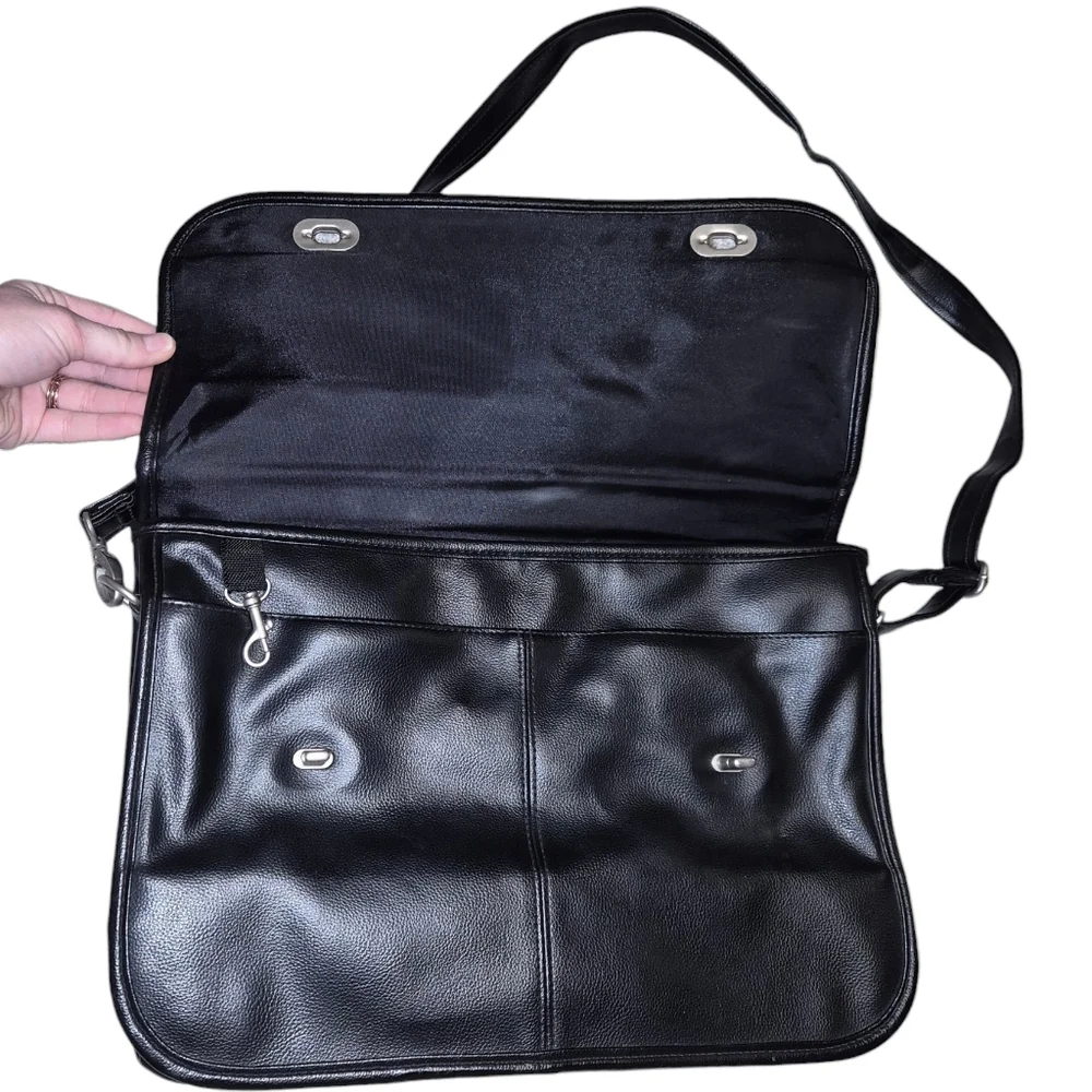 Black Faux Leather Messenger Bag Crossbody Briefcase Style